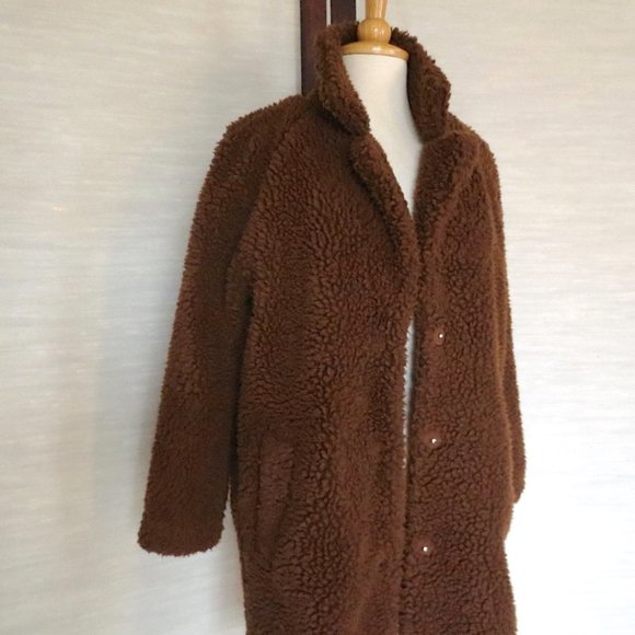 ONLY Chestnut Brown Teddy Sherpa Winter Cocoon Coat with Snap Buttons - Picture 3 of 7